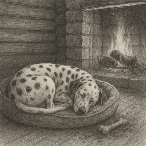 A pencil drawing of a Dalmatian sleeping in a round bed beside a fireplace with a bone nearby.