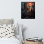 A flooded post-apocalyptic city with giant cassette monuments rising from the water while two dogs sit on rubble watching under a dramatic orange moon.