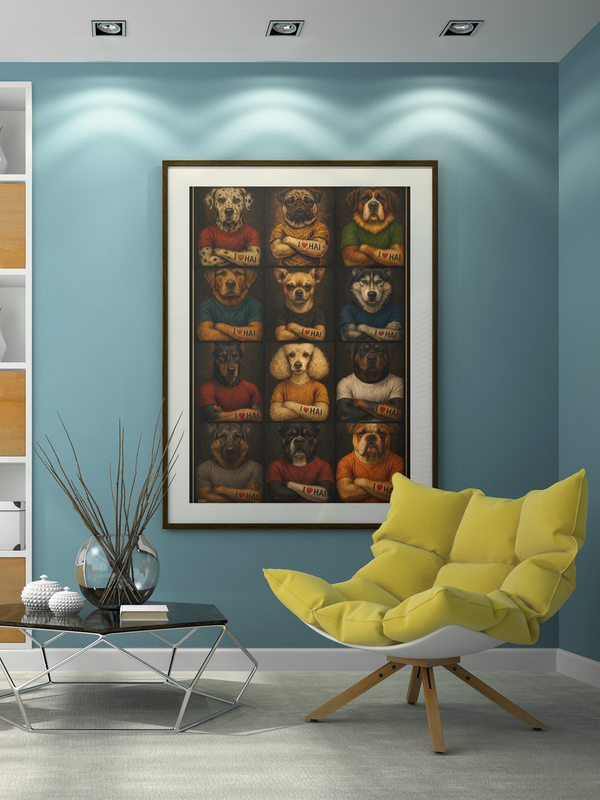 AI-generated framed poster featuring 12 anthropomorphic dog breeds including Dalmatian, Pug, Husky, Rottweiler, and German Shepherd wearing t-shirts with I Love HAI tattoos — HomelandAI art print