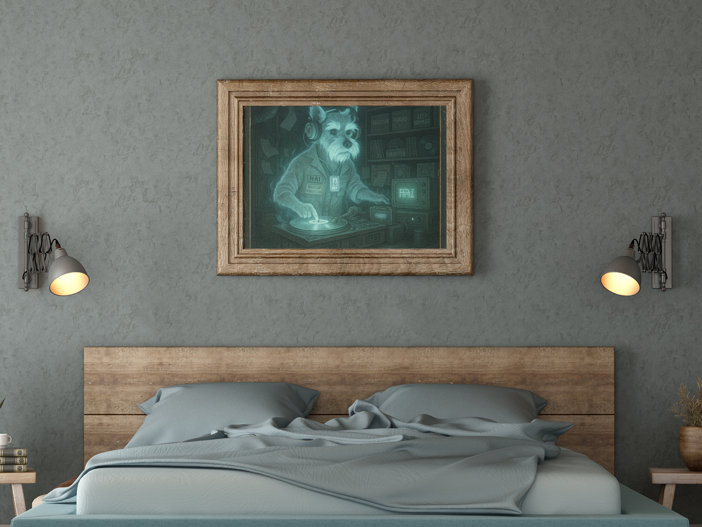 Bedroom with a wooden headboard, gray bedding, and a framed artwork on the wall.