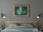 Bedroom with a wooden headboard, gray bedding, and a framed artwork on the wall.