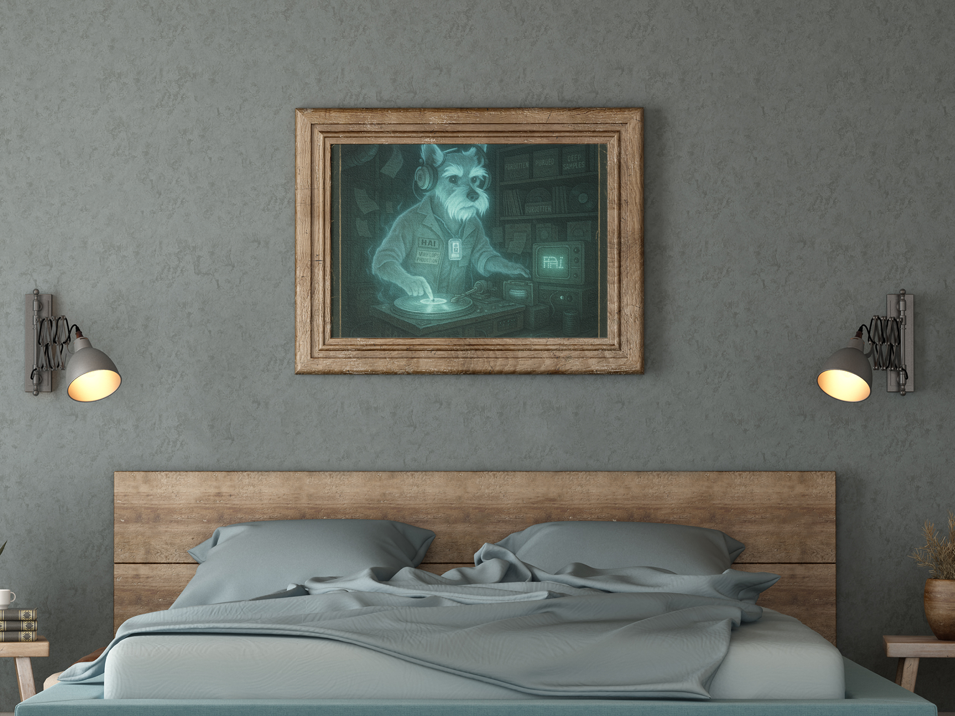 Bedroom with a wooden headboard, gray bedding, and a framed artwork on the wall.