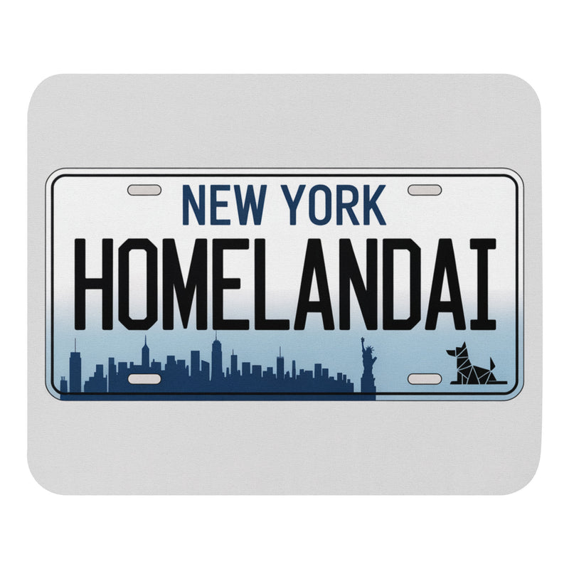 Novelty license plate with 'New York Homelandai' text and city skyline design.