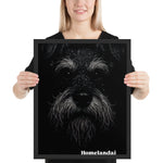 Close-up dark portrait of a Schnauzer dog with rain droplets on its fur, illuminated in dramatic lighting against a black background with HomelandAI branding.