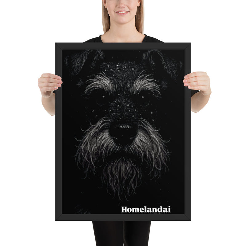 Close-up dark portrait of a Schnauzer dog with rain droplets on its fur, illuminated in dramatic lighting against a black background with HomelandAI branding.