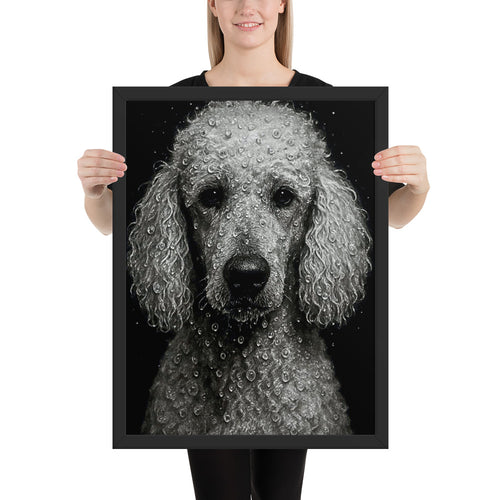 Close-up portrait of a poodle with water droplets on its curly fur against a black background in dramatic lighting.