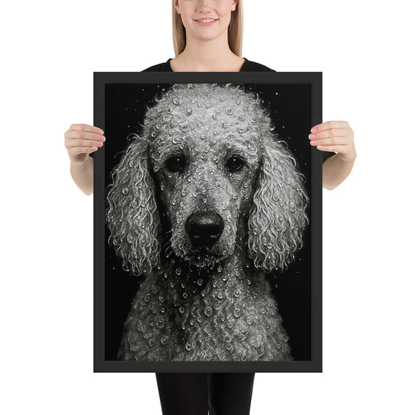 Close-up portrait of a poodle with water droplets on its curly fur against a black background in dramatic lighting.