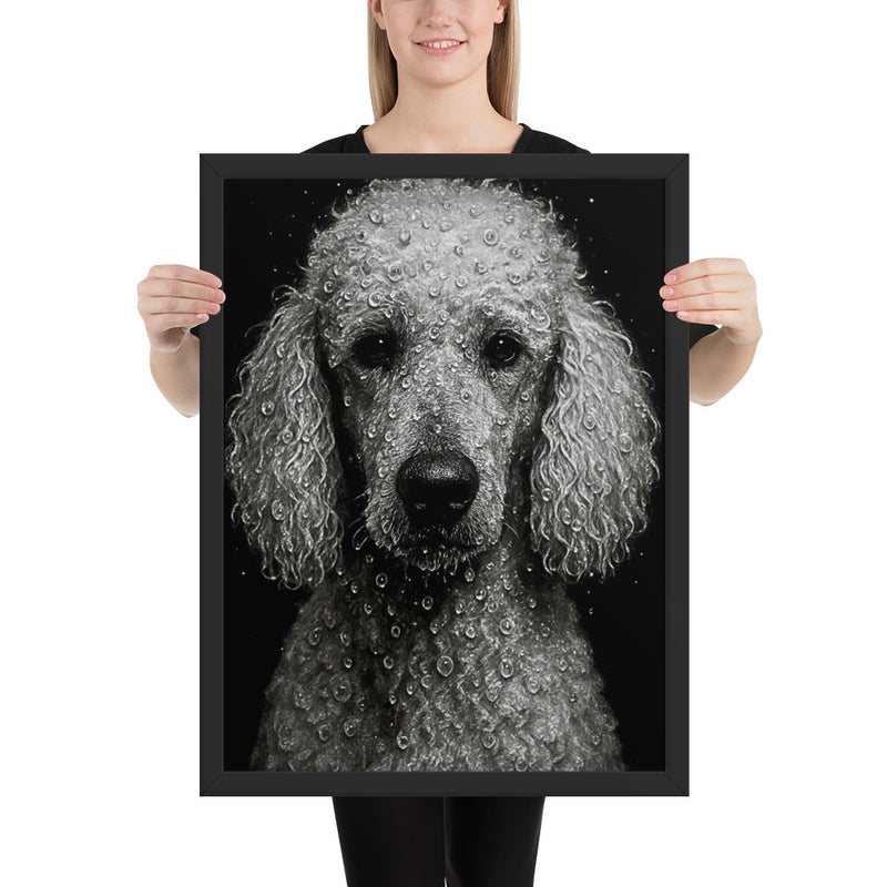 Close-up portrait of a poodle with water droplets on its curly fur against a black background in dramatic lighting.