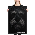 Close-up dark portrait of a Schnauzer dog with rain droplets on its fur, illuminated in dramatic lighting against a black background with HomelandAI branding.