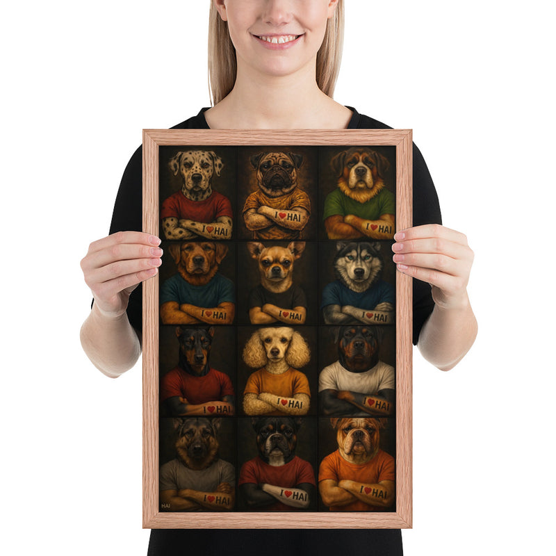 AI-generated framed poster featuring 12 anthropomorphic dog breeds including Dalmatian, Pug, Husky, Rottweiler, and German Shepherd wearing t-shirts with I Love HAI tattoos — HomelandAI art print