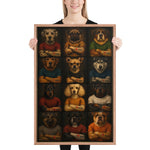 AI-generated framed poster featuring 12 anthropomorphic dog breeds including Dalmatian, Pug, Husky, Rottweiler, and German Shepherd wearing t-shirts with I Love HAI tattoos — HomelandAI art print