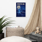Room interior with Route 66 poster, ottoman, and plush monkey toy.