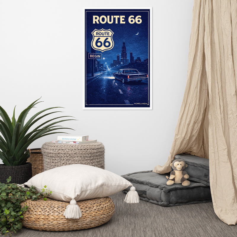 Room interior with 'Route 66' poster on the wall, plants, and a small bed.