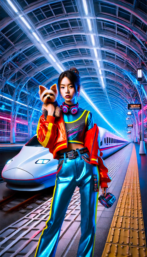 A digital artwork depicting a young woman in a metallic outfit holding a small dog, set against a futuristic train station background with neon lights.