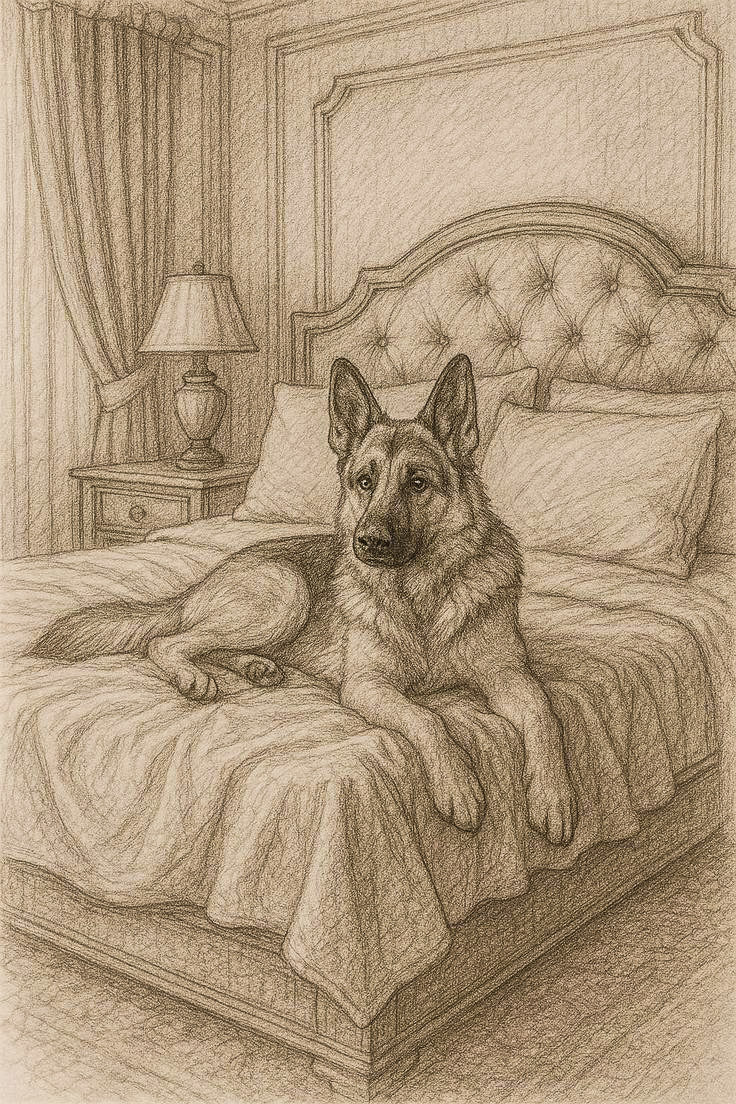 "Elegant German Shepherd: Classical Bedroom Portrait Sketch"