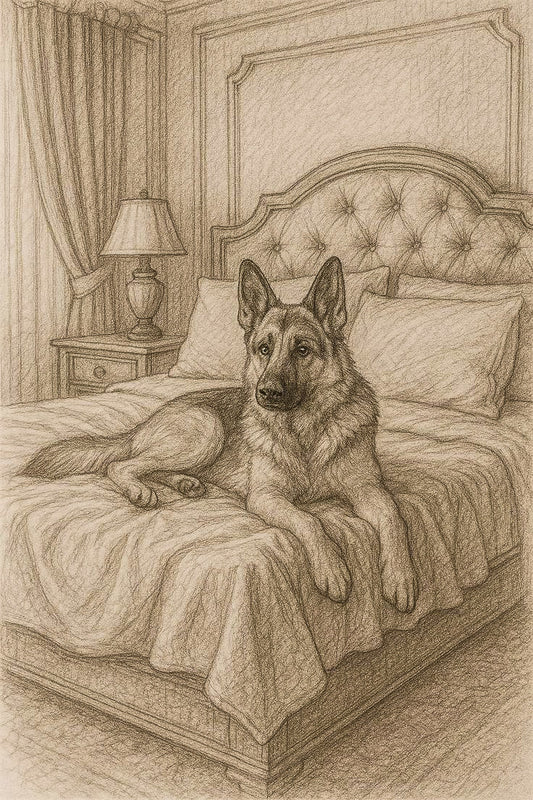 "Elegant German Shepherd: Classical Bedroom Portrait Sketch"