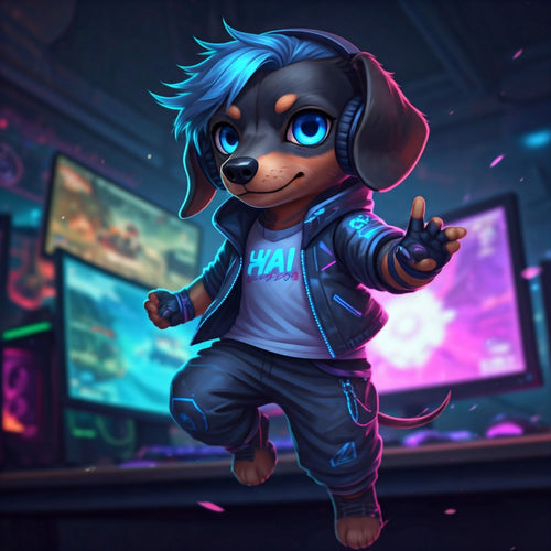 A digital artwork of a stylized dachshund wearing futuristic neon attire and headphones, posed dynamically in front of a glowing computer monitor with a colorful gaming setup in the background.