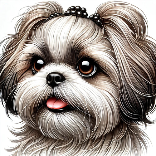 Digital artwork of a close-up Shih Tzu with silky fur and a pearl-like accessory on its head, showing expressive round eyes and a pink tongue.
