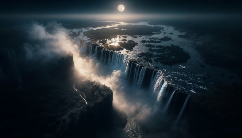 AI-generated aerial view of a massive waterfall system under a full moon at night with mist rising and moonlight reflecting on the water — HomelandAI landscape art print