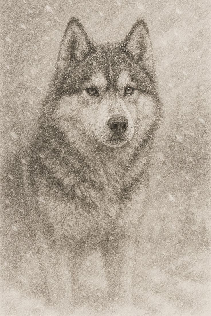 Pencil sketch of a Siberian Husky standing in a snowstorm with detailed fur and soft winter background.