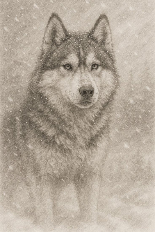 Pencil sketch of a Siberian Husky standing in a snowstorm with detailed fur and soft winter background.