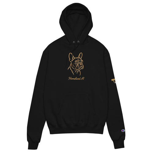 Black hoodie with gold dog illustration and text on a white background