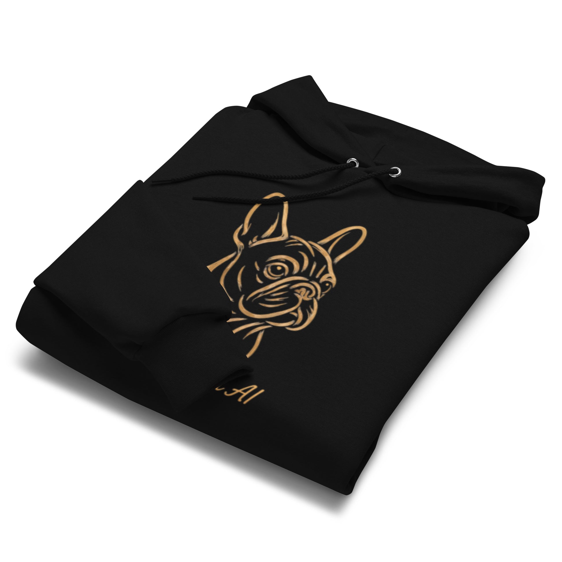 Black hoodie with gold dog illustration on a white background