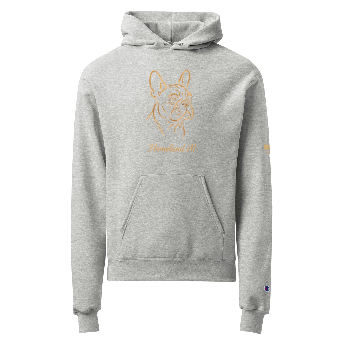 Gray hoodie with a dog illustration and text on a white background