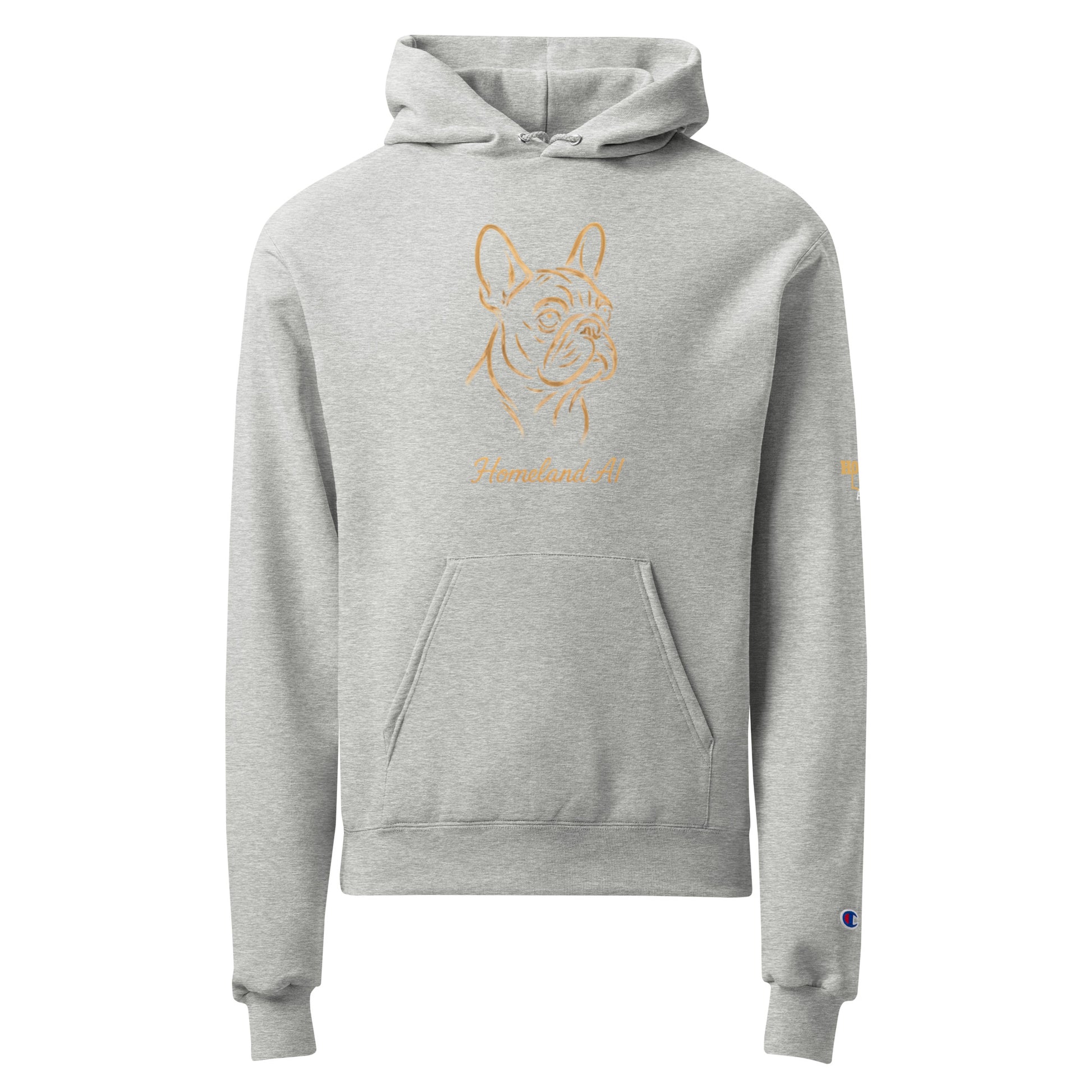 Gray hoodie with a dog illustration and text on a white background