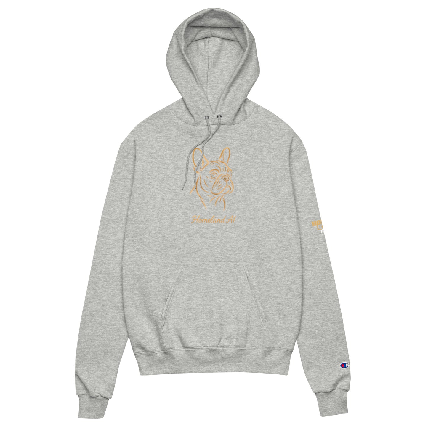 Gray hoodie with gold logo and text on a white background