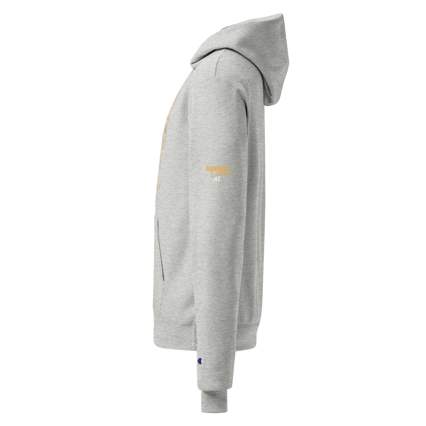Gray hoodie with brand logo on sleeve against a white background