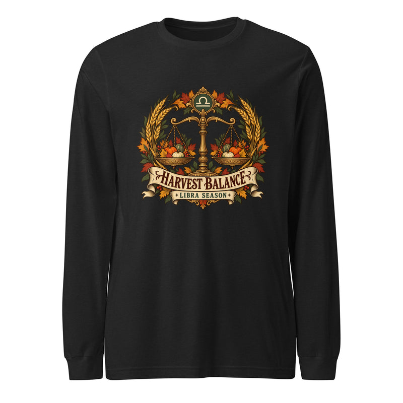 Harvest Balance Libra Season Long-Sleeve Tee, Black Heather front: Libra scales framed by wheat, gourds and leaves
