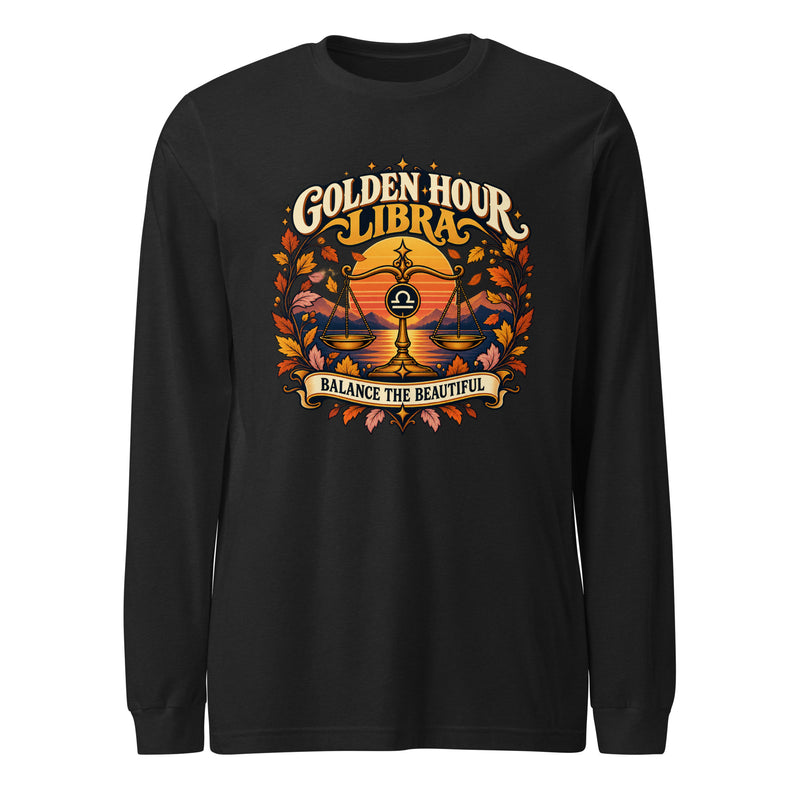 Golden Hour Libra Season Long-Sleeve Tee, Black Heather front: sunset-toned Libra scales and falling leaves