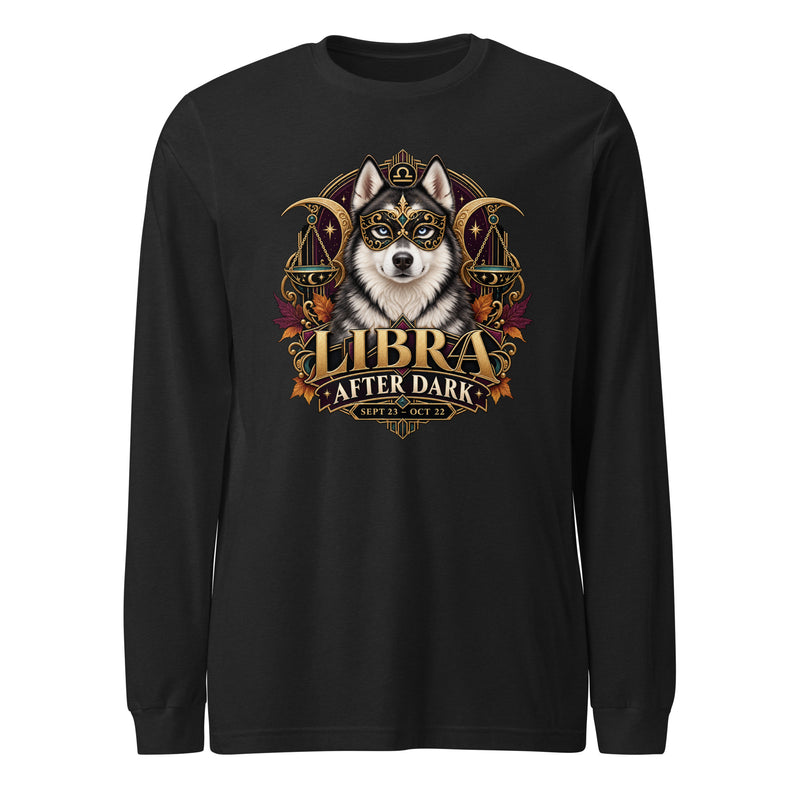 Libra After Dark Husky Long-Sleeve Tee, Black Heather front: Zodiac HAI Husky in a black-and-gold masquerade mask