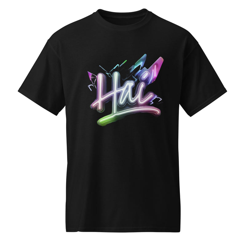 Black t-shirt with colorful 'Hi' design on a white background