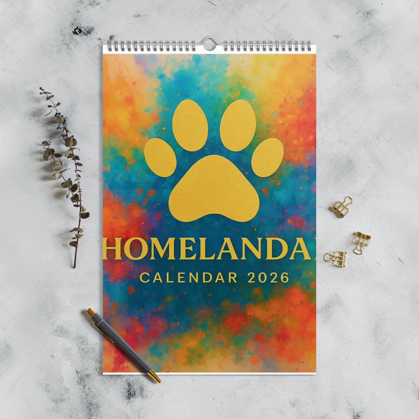 Calendar with a colorful design and yellow paw print on a marble surface