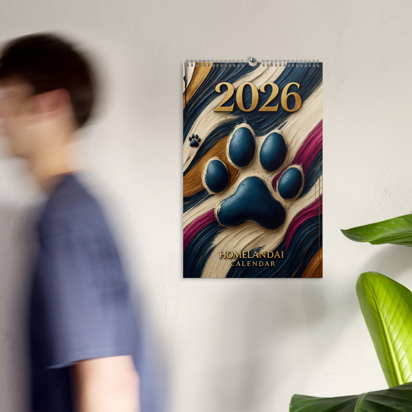 2026 calendar with paw design on a wall, blurred person in foreground