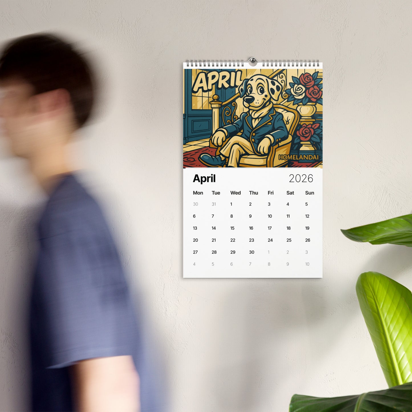 Calendar for April 2026 with a dog illustration on a wall, blurred person in foreground