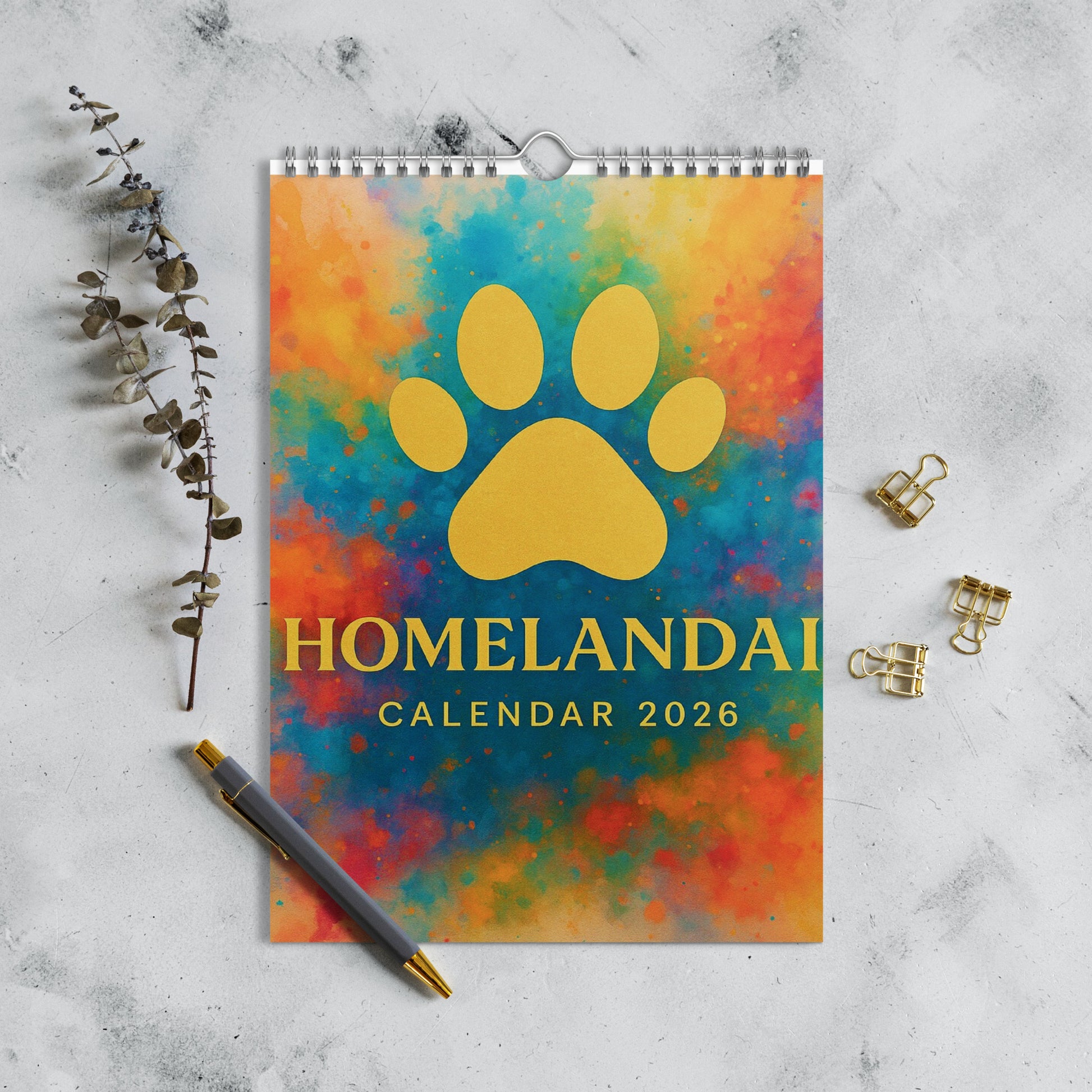 Colorful calendar with a paw print design on a marble surface
