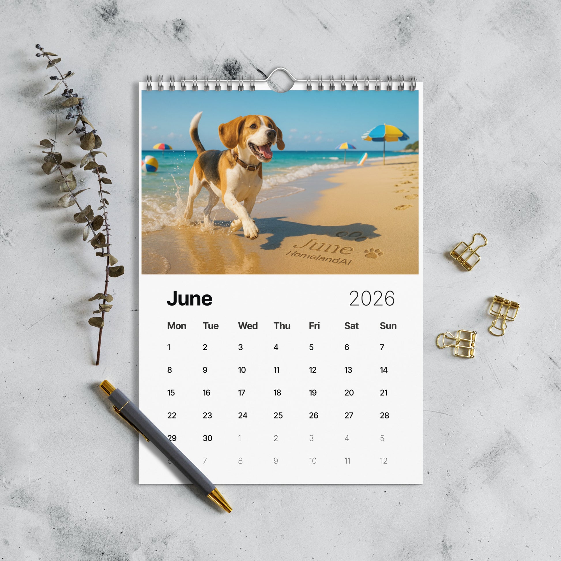 Calendar for June 2026 featuring a dog on a beach, placed on a textured surface with decorative items.
