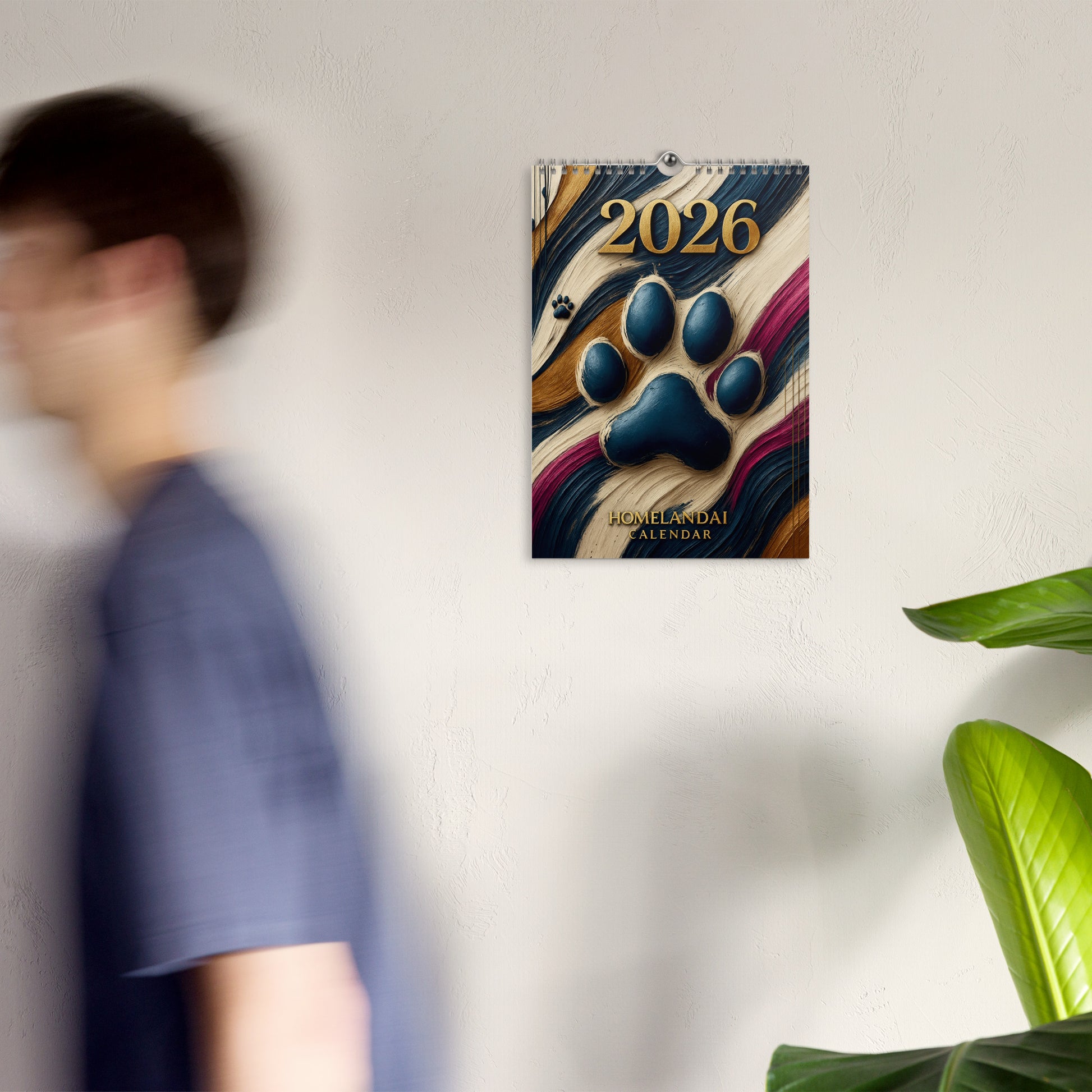 Wall calendar with paw print design and '2026' on a white wall, blurred person in foreground