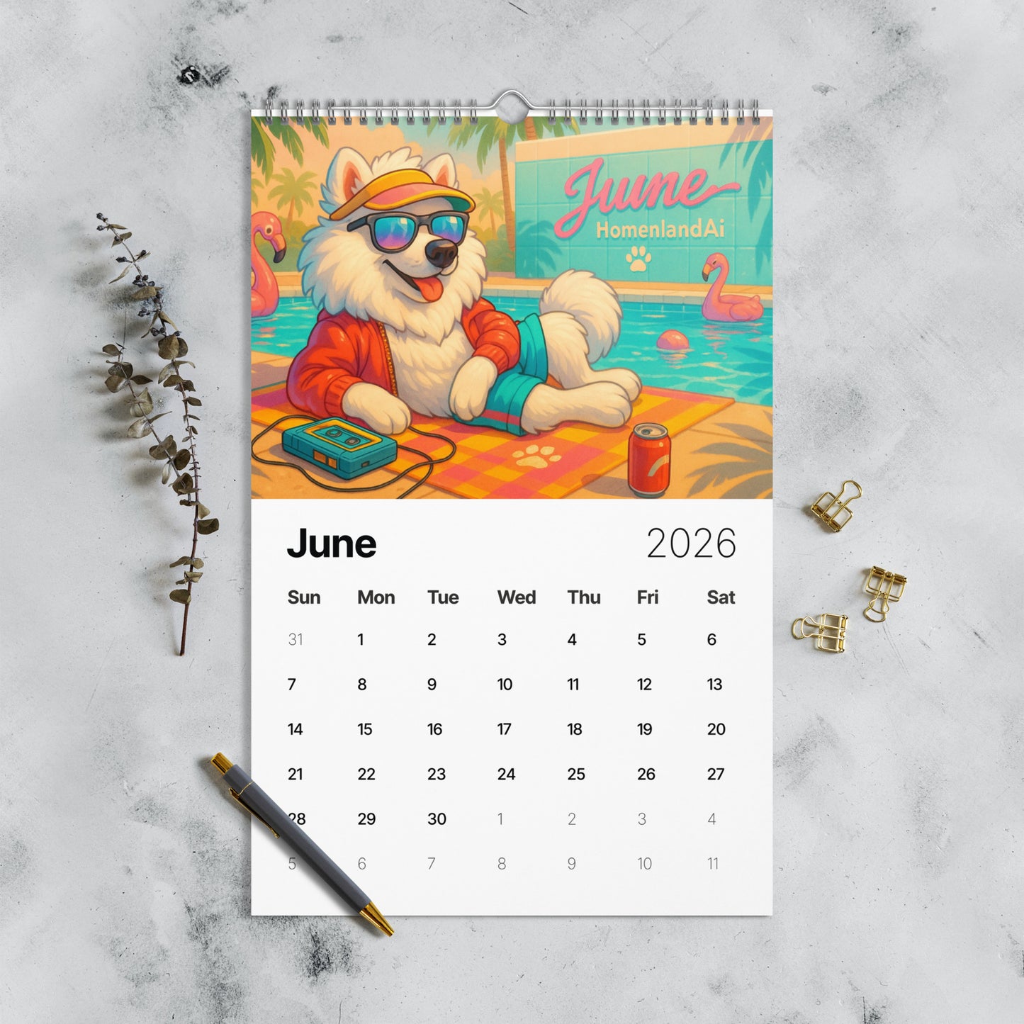Calendar for June 2026 with a cartoon dog at the pool on a gray surface.
