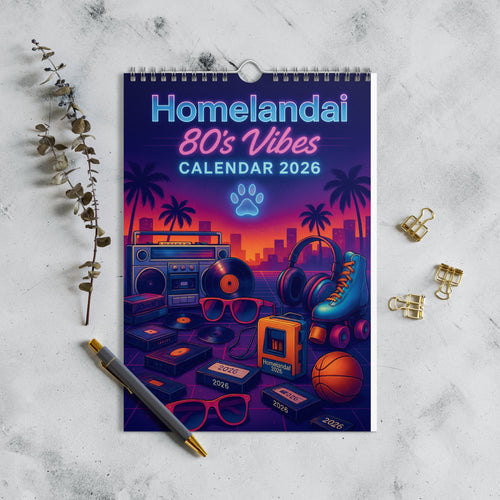 Calendar with 'Homelandai 80's Vibes' design on a marble surface with decorative items.