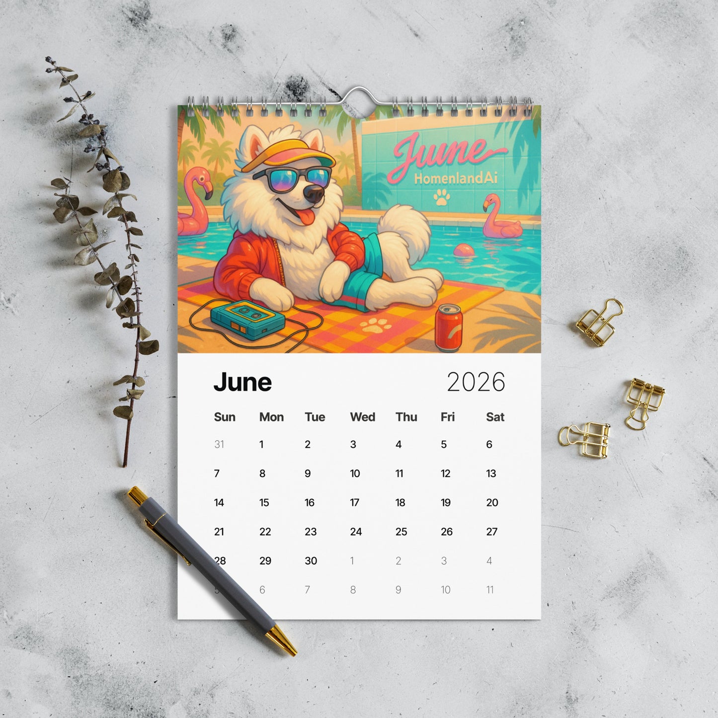 Calendar for June 2026 with a cartoon dog design on a textured surface.