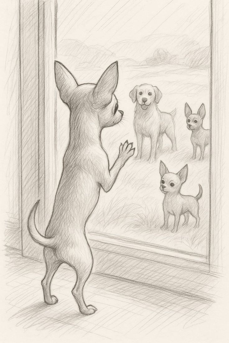 A pencil drawing of a small dog standing by a window watching other dogs play outside.